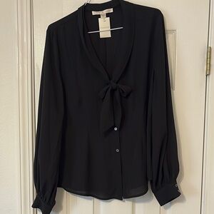 Boston Proper Black Tie Front Buttoned Blouse